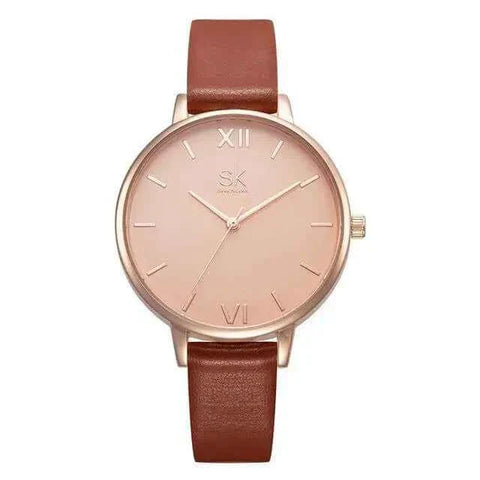 Shengke Fashion Watch with brown leather band and sleek face design.