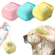 Soft silicone dog brush with built-in shampoo dispenser, ideal for gentle pet grooming.