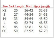 Size chart for Dog Life Vest, showing back, chest, and neck measurements from XS to XXL.