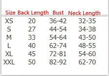 Size chart for Dog Life Vest, showing back, chest, and neck measurements from XS to XXL.