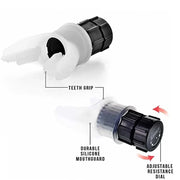 Lung Fitness Trainer with adjustable resistance dial and durable silicone mouthguard for breathing capacity enhancement.