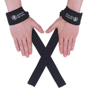 Black gym lifting straps providing wrist support and grip enhancement for weightlifting.