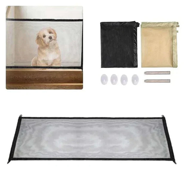 Dog Gate Fence with adjustable nylon mesh fabric, easy assembly, and stylish color options for pet safety.