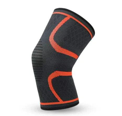 Fitness Compression Knee Pad with elastic nylon for support and stability, orange accents.