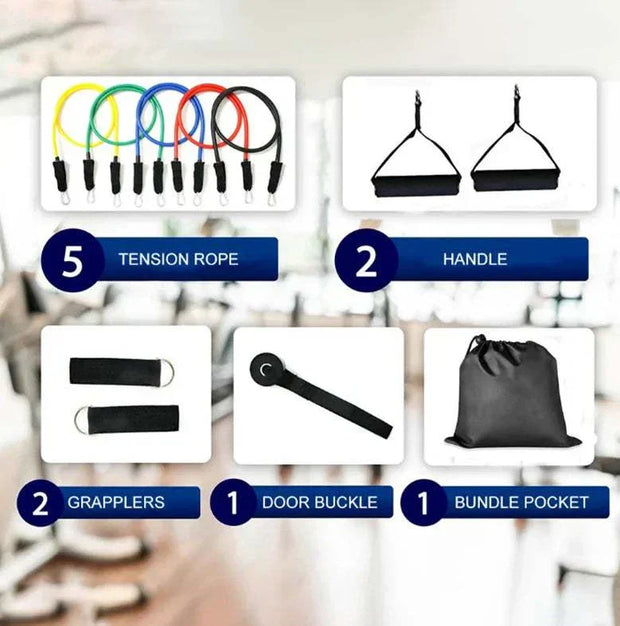 Fitness Resistance Bands set with five tension ropes, two handles, two grapplers, one door buckle, and a bundle pocket.