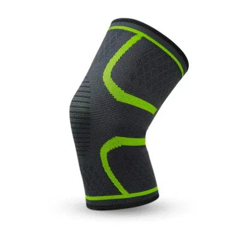 Fitness Compression Knee Pad in black with green accents, providing support and stability for workouts.