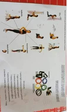 Fitness Resistance Bands with exercises and color-coded bands display.
