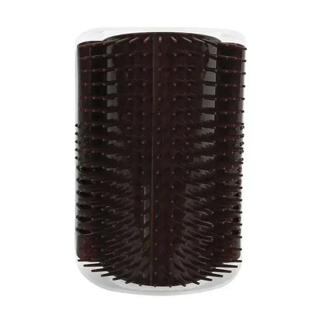 Cat Corner Groomer Brush for feline self-grooming and hair removal, black plastic design.
