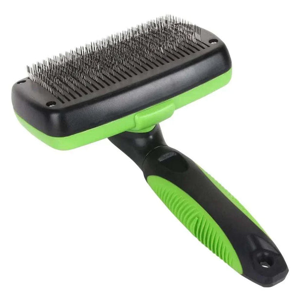 Self cleaning dog brush with ergonomic handle and retractable bristles for easy grooming.