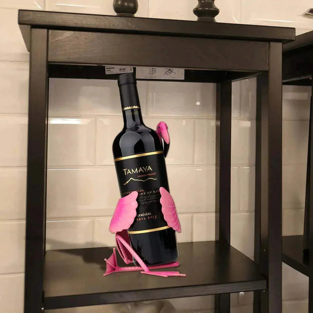 Flamingo Wine Holder showcasing wine bottle on shelf, vividly colored and eco-friendly design.