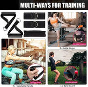 Multi-functional fitness resistance bands with ankle straps and sweatable handles for versatile training.