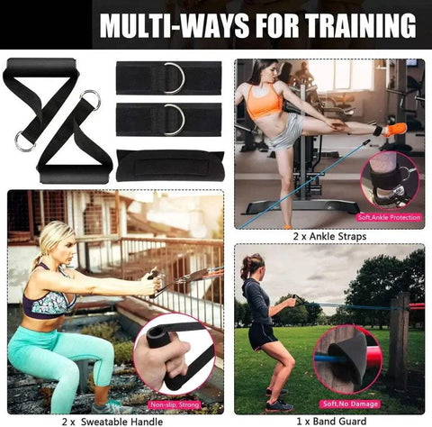 Multi-functional fitness resistance bands with ankle straps and sweatable handles for versatile training.