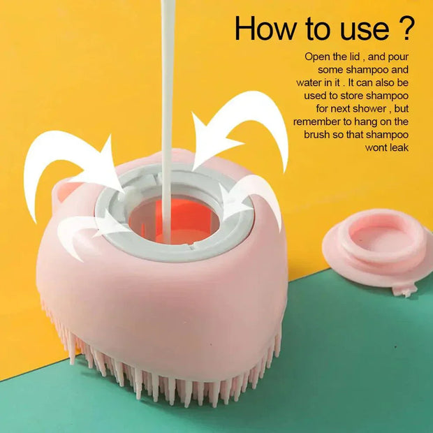 Soft Silicone Dog Brush with shampoo dispenser and gentle bristles for pet grooming.