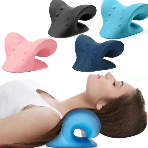 Neck Shoulder Stretcher Pillow in use for pain relief and relaxation with multiple color options displayed.