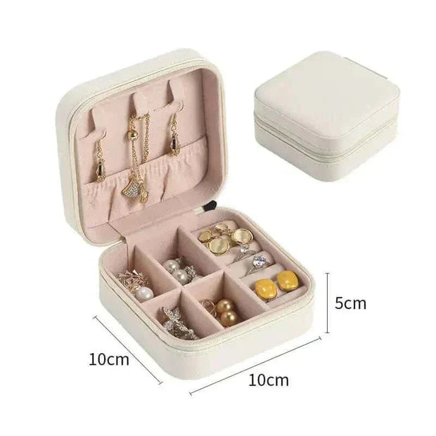 Elegant Jewelry Zipper Box Storage with compartments for necklaces, earrings, and rings; compact and ideal for travel.