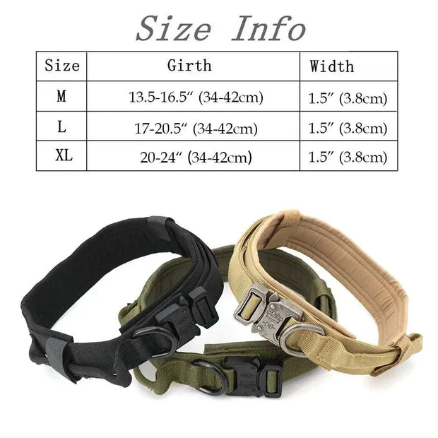 Heavy-Duty Dog Collar in three sizes and colors with size chart