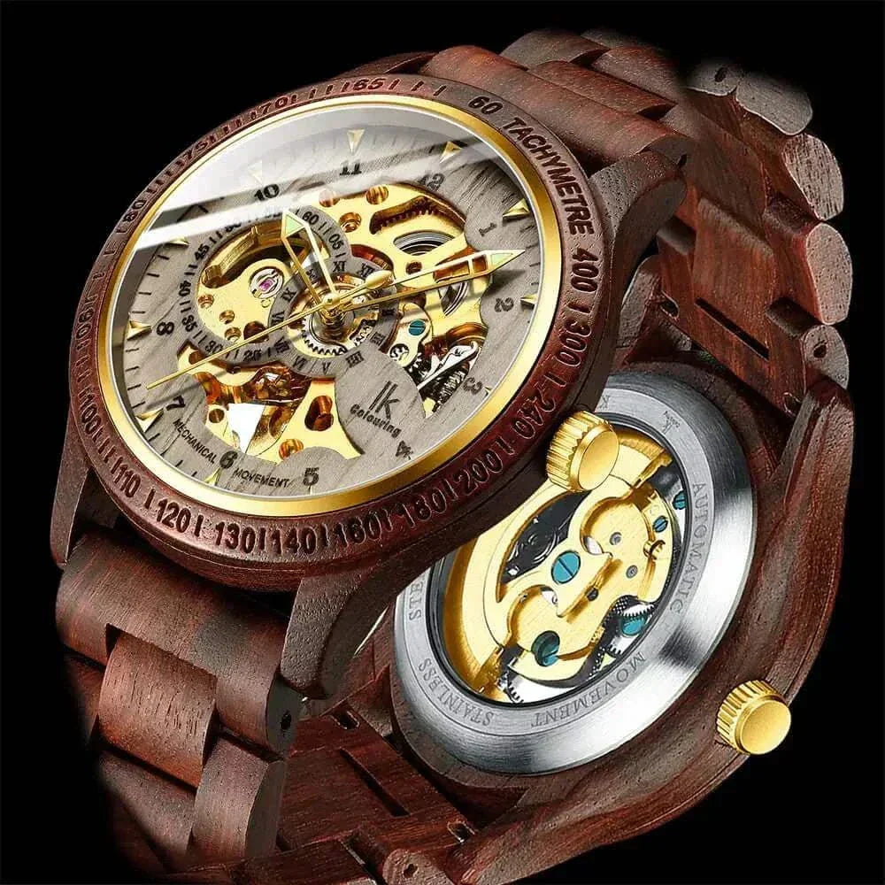 Wooden Mechanical Watch with transparent case, intricate gears, and wood strap.