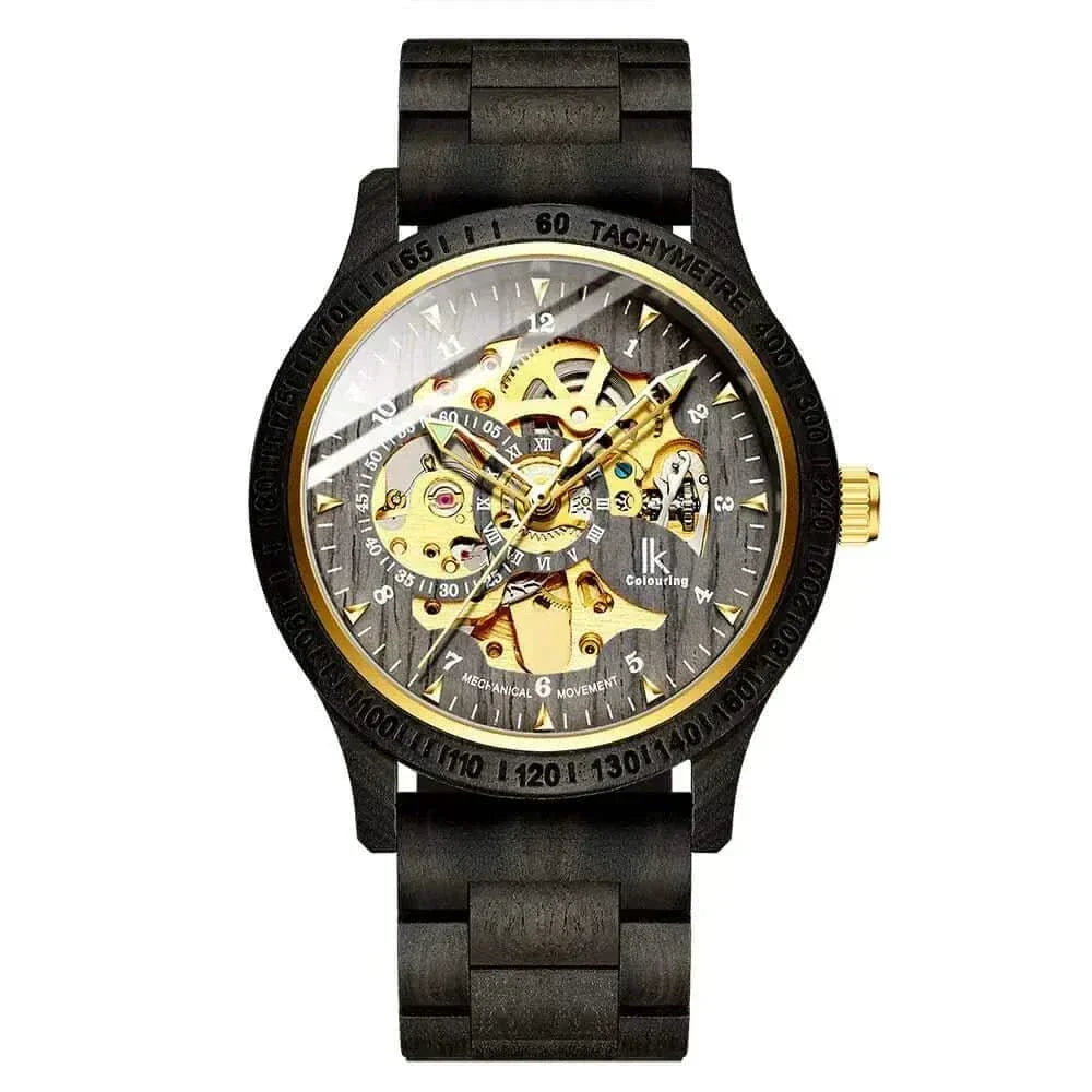 Wooden Mechanical Watch with exposed gears and wooden strap, featuring intricate design and transparent elegance.