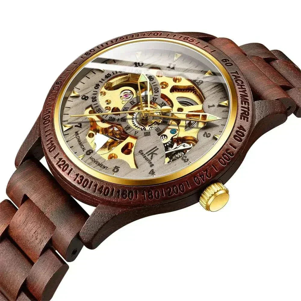 Wooden mechanical watch with visible gears and tachymeter bezel, brown wood case and strap, gold crown, and intricate inner workings.