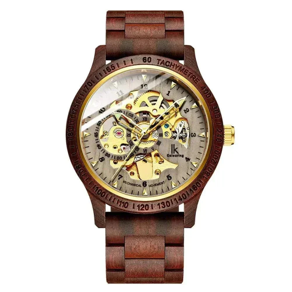 Wooden Mechanical Watch with exposed gears and brown wooden strap.