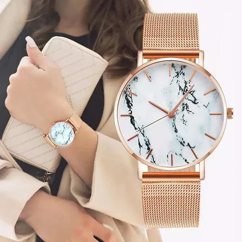 Rose Gold Mesh Band Marble Watch with marble dial and rose gold mesh strap.