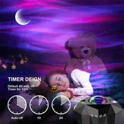 Northern Lights Star Projector creating a colorful aurora borealis effect in a cozy room setting.